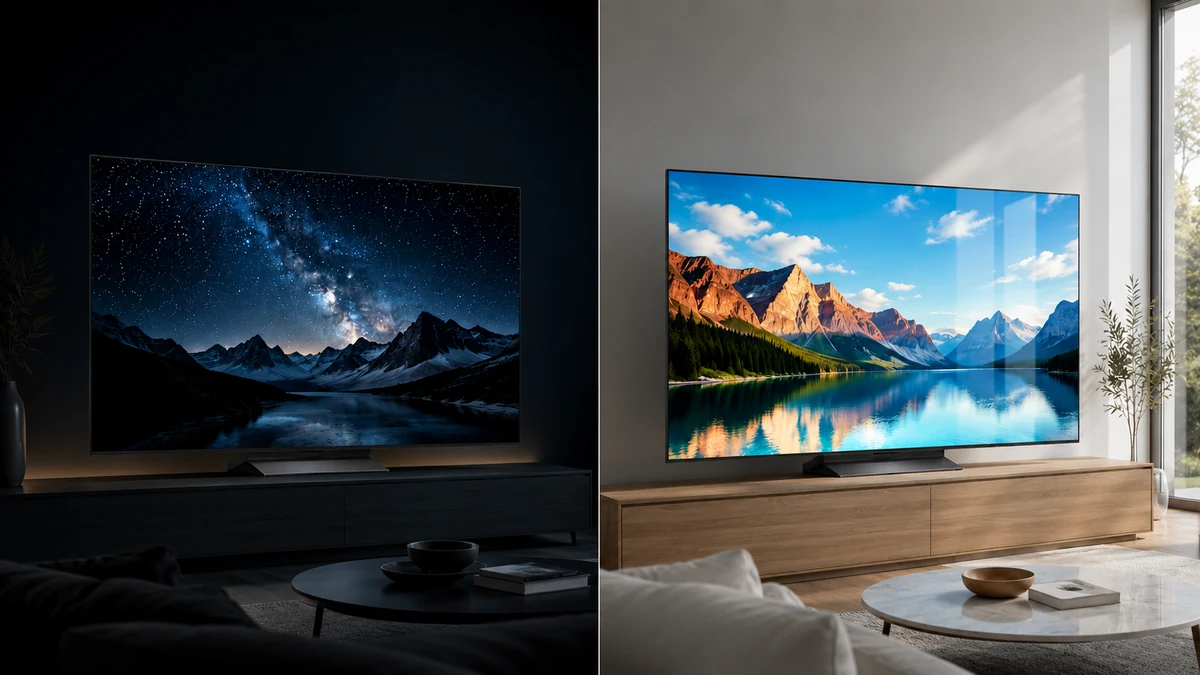 Comparação conceitual da imagem OLED em ambiente escuro e sala iluminada