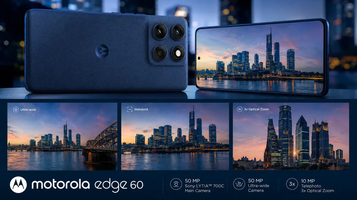 Câmeras do Motorola Edge 60 mostrando ultra-wide, principal e zoom óptico de 3x
