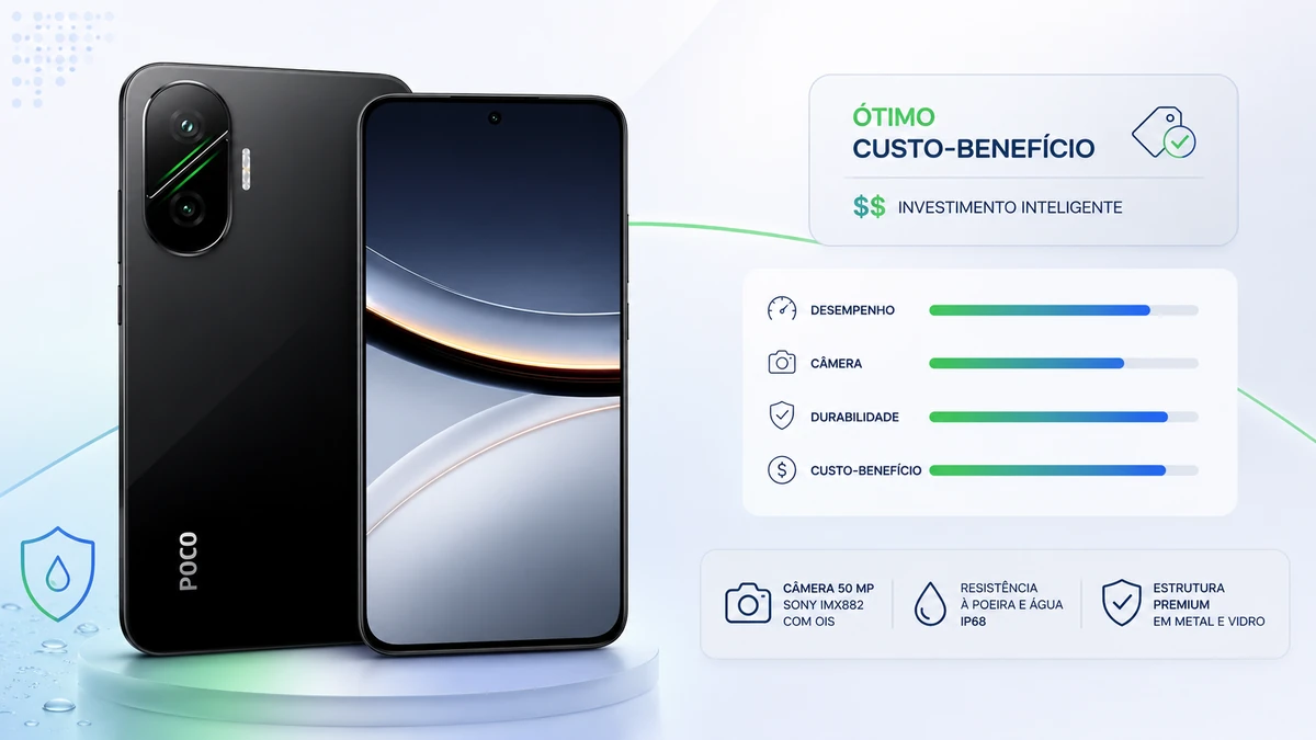 POCO F7 com etiquetas de preço e análise de custo-benefício