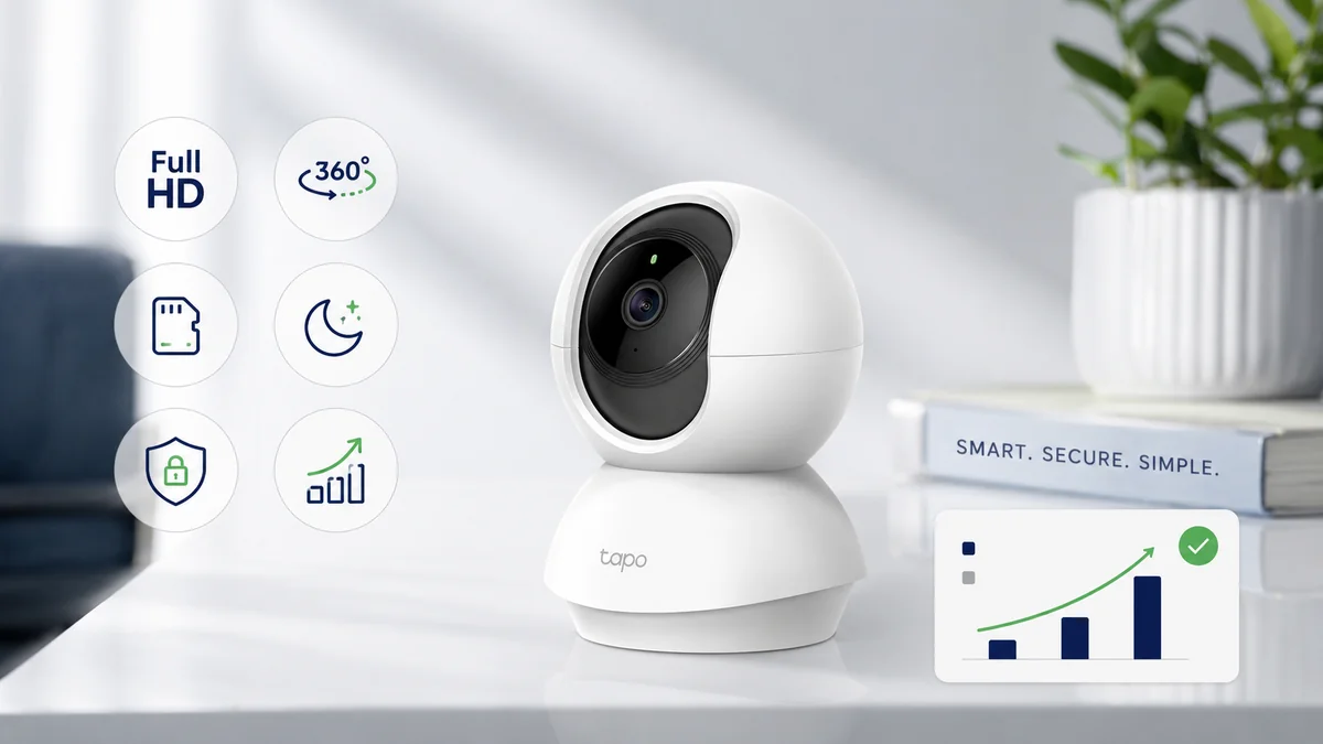 Câmera Wi-Fi interna ao lado de elementos representando custo-benefício e armazenamento