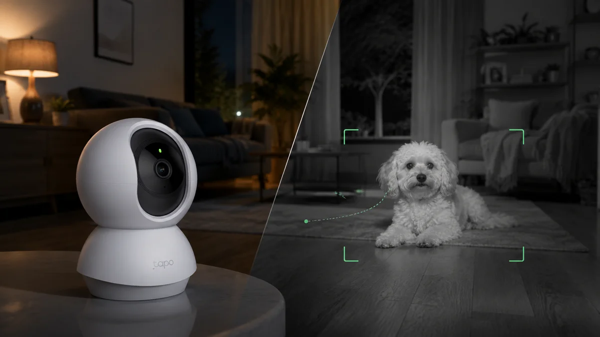 Câmera interna com visão noturna monitorando um cachorro dentro de casa