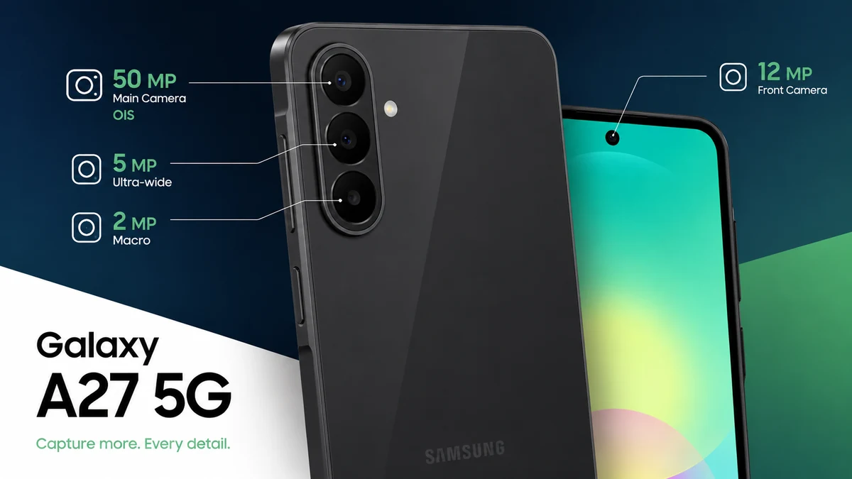 Câmeras do Galaxy A27 5G com sensor principal de 50 MP e OIS