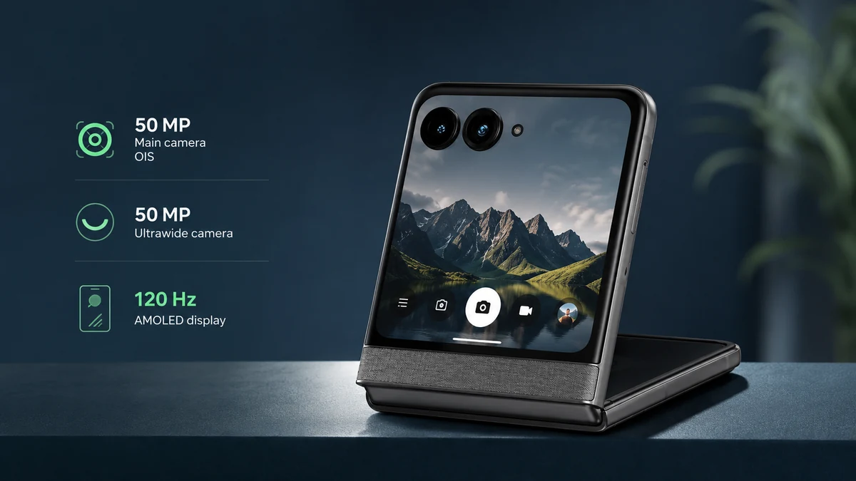 Motorola Razr 70 parcialmente dobrado mostrando tela externa e câmeras