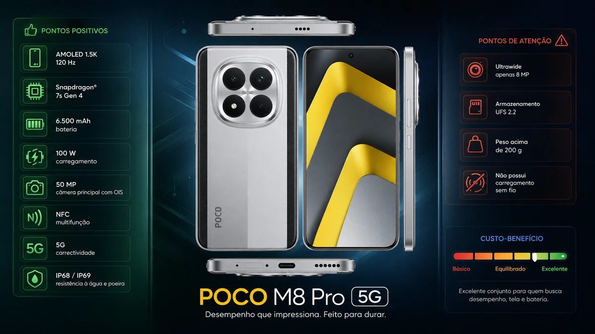 Pontos positivos e negativos do POCO M8 Pro 5G antes de comprar