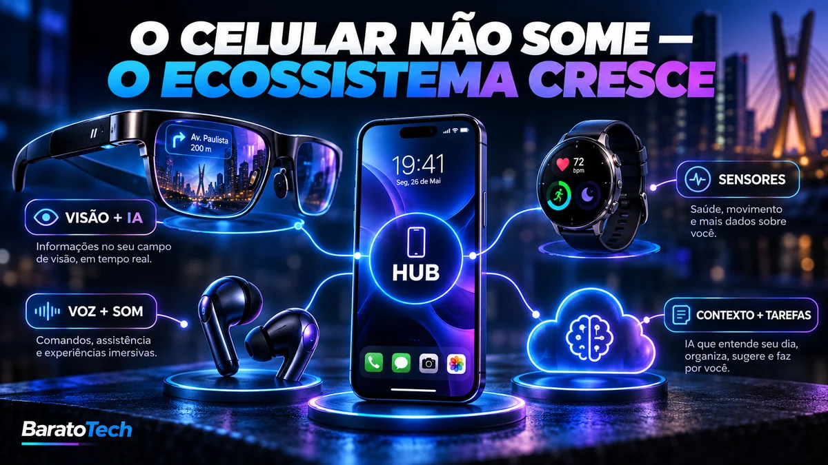 Ecossistema com smartphone, óculos inteligentes, relógio e inteligência artificial