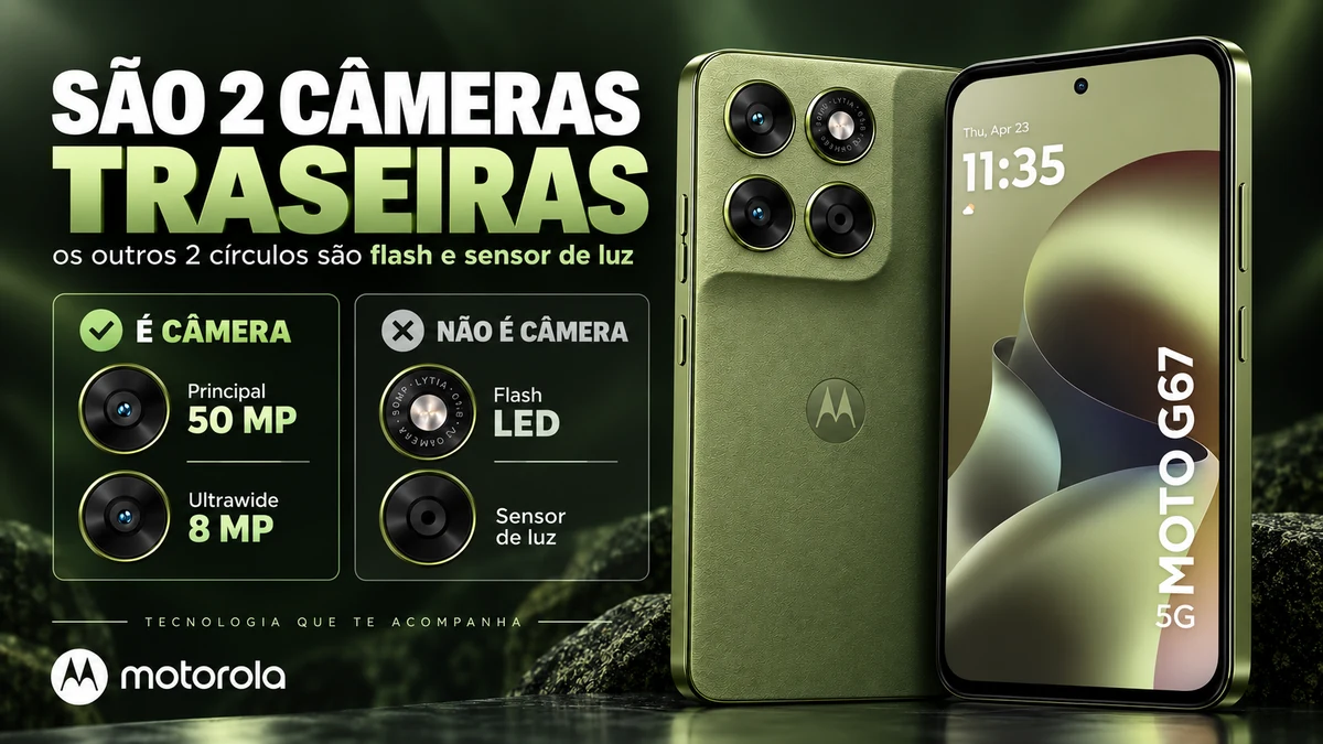 Moto G67 5G com duas câmeras traseiras e identificação dos círculos que são flash e sensor de luz