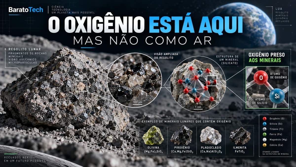 Ilustração mostrando oxigênio ligado aos minerais do regolito lunar