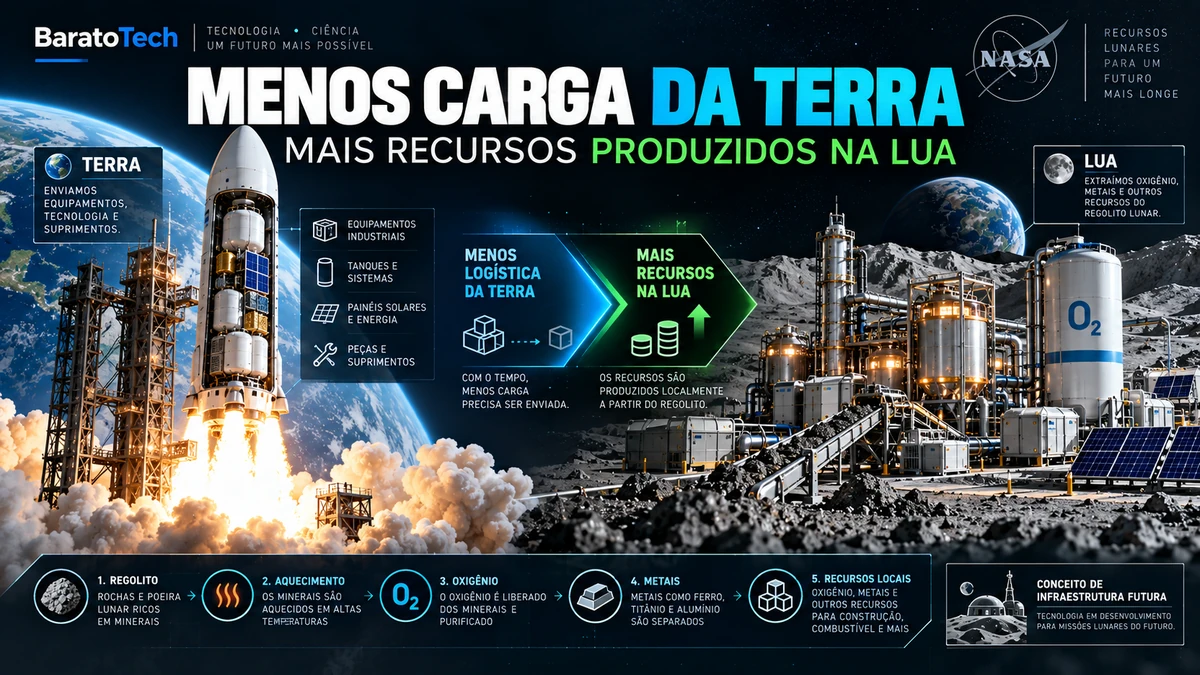 Conceito de produção de recursos na Lua para reduzir suprimentos enviados da Terra
