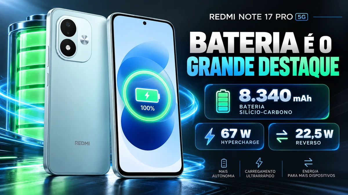 Bateria de 8.340 mAh e carregamento de 67 W do Redmi Note 17 Pro 5G