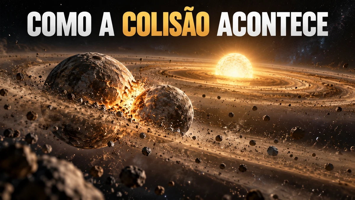 Representação artística de dois corpos planetários rochosos em colisão formando poeira e detritos ao redor de uma estrela jovem